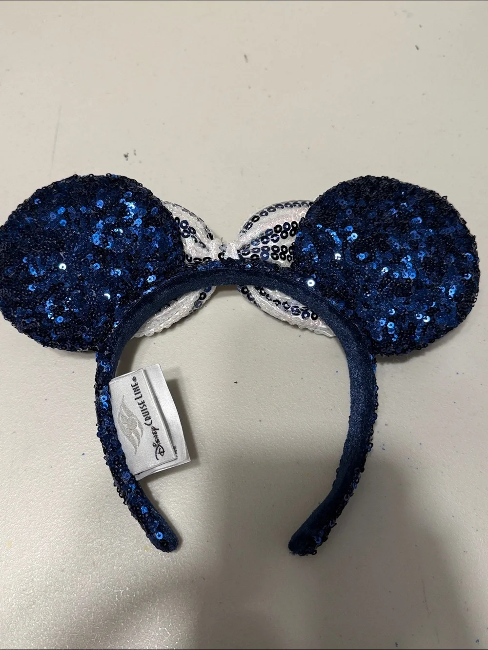 Disney Navy Sequin Minnie Ear Headband with White Striped Bow
